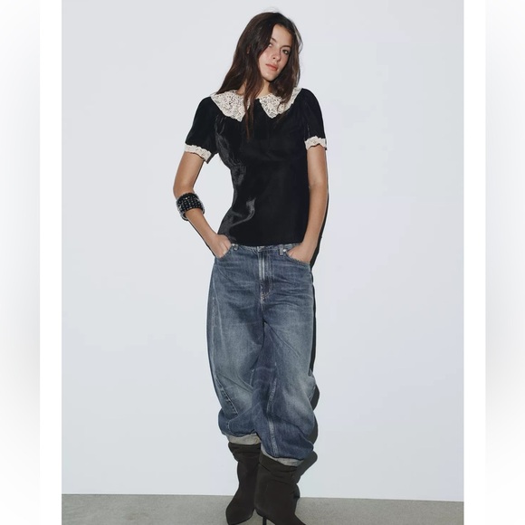 Zara NWT Black Velvet Crochet Bow Top/Shirt/Blouse size XL - Picture 3 of 17